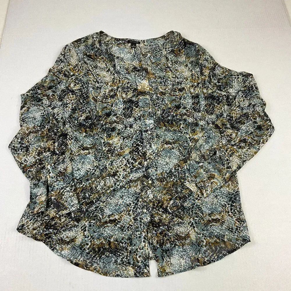 Ann Taylor Button Down Blouse Abstract Print Semi Sheer Long Sleeve Shirt Size 8